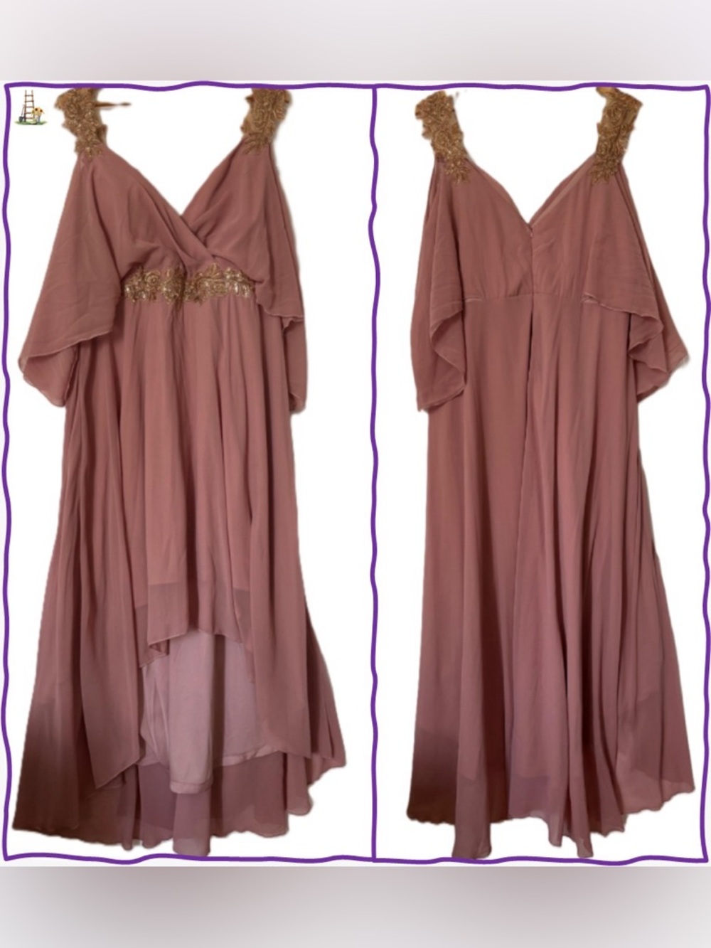 SHEIN Dusty Rose High-Low V-Neck Gown with Gold Appliqué